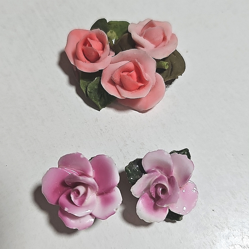 Vintage Pink Rose Brooch and Earrings Set